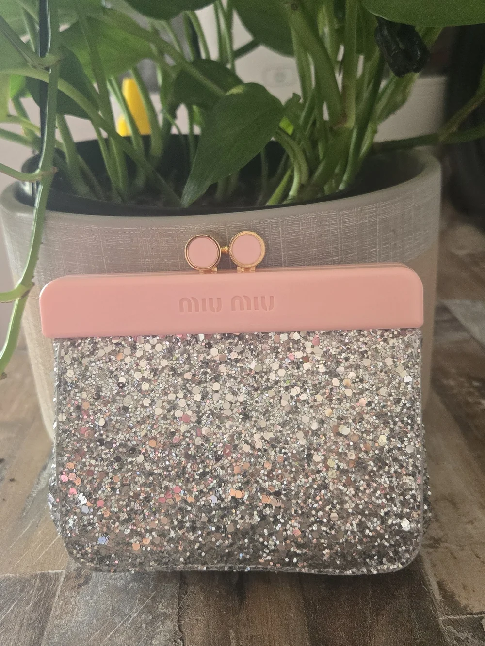 Miu Miu Pink Silver Glitter Kiss Lock Mini Clutch Pouch